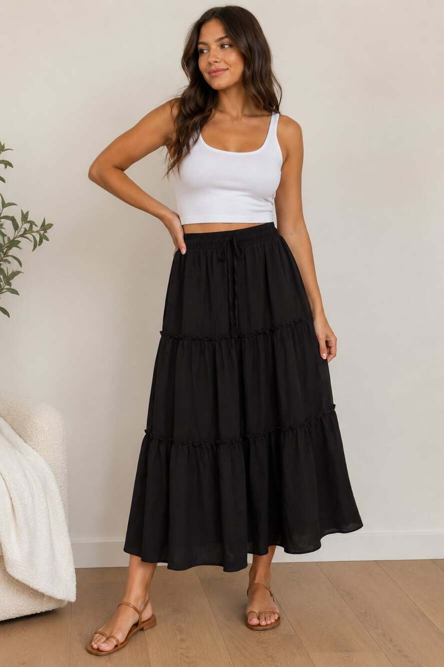 Black Tiered Maxi Skirt Women’s Size Medium Boho Stretch Waist Lined - Picture 2 of 7